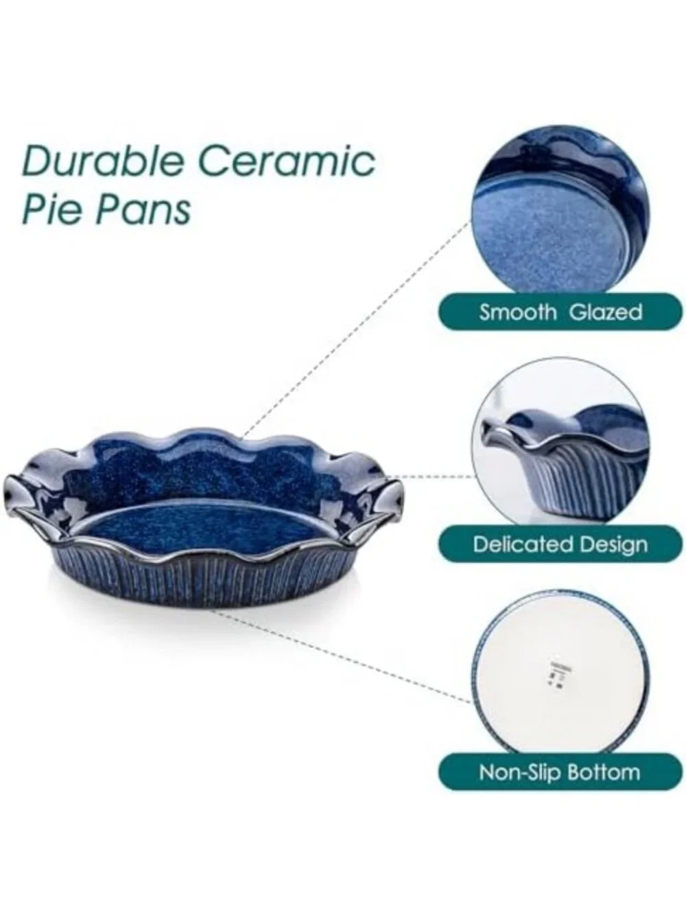 9-Inch Deep Ceramic Pie Pan for Baking - Fluted Edge, Blue Reactive Glaze Dish